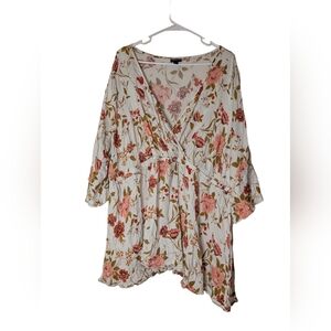 Torrid Floral V-Neck Blouse - Cream and Pink